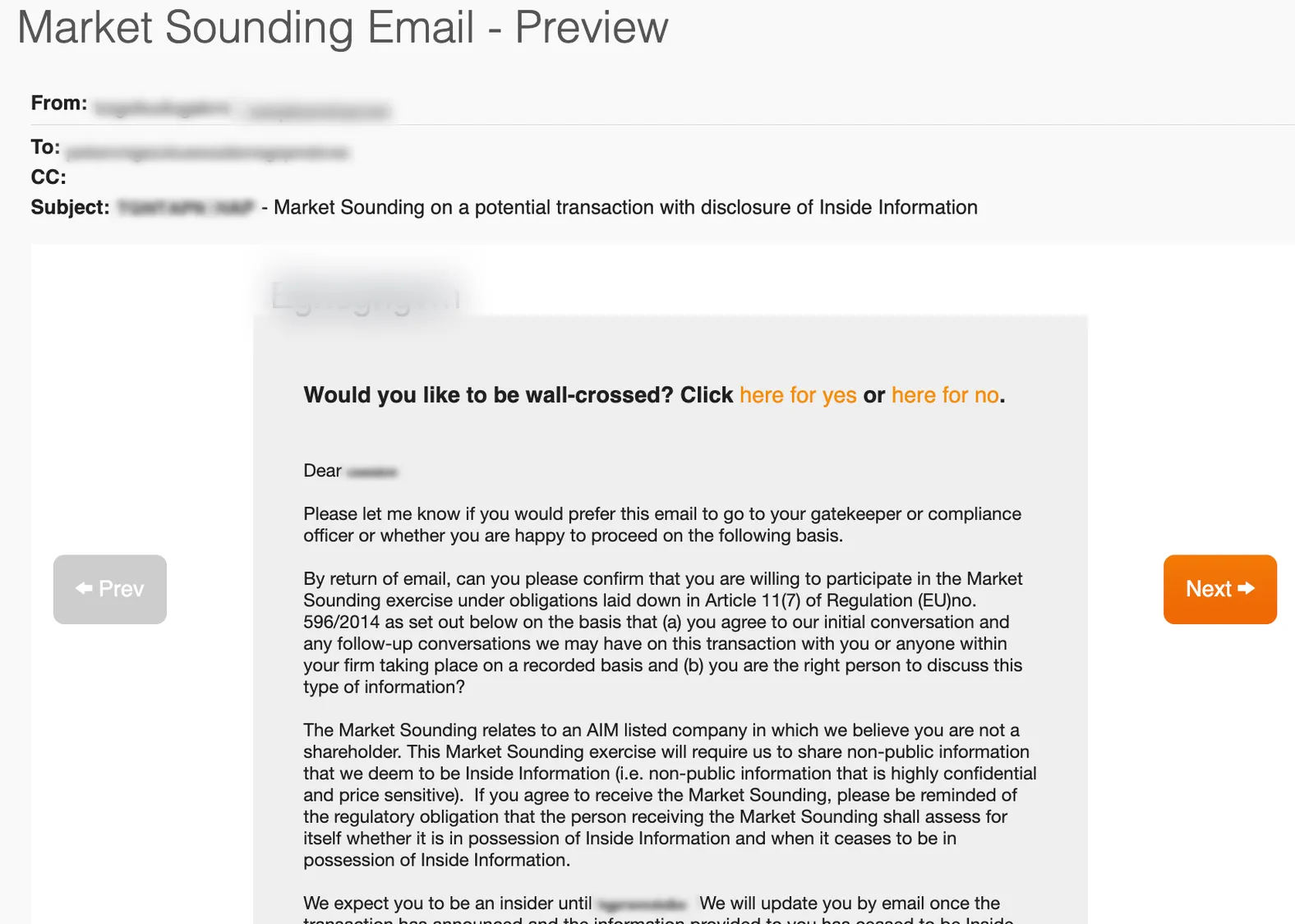 DealBridge market sounding email preview, with the wall-cross question and MAR wording; names blurred