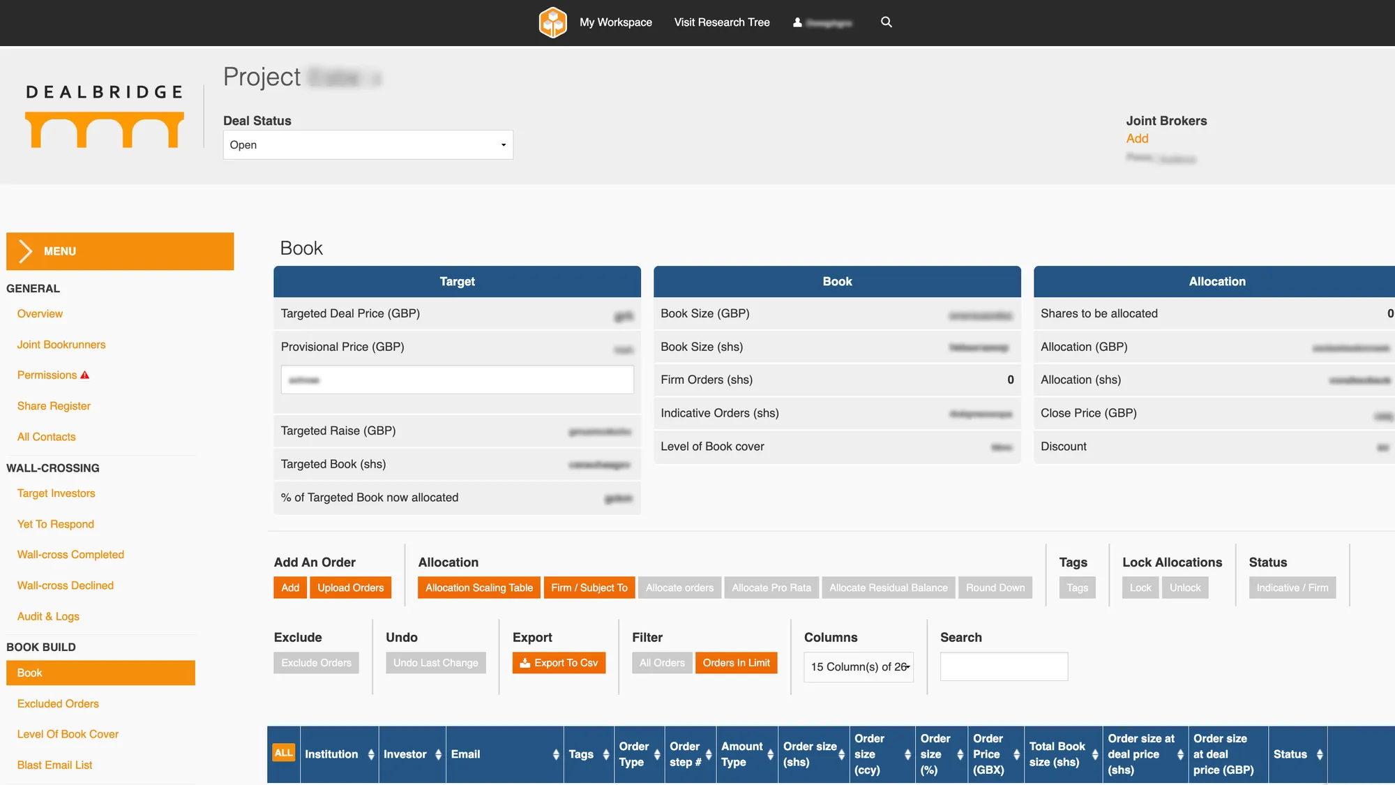 The DealBridge book screen for a placing: target, book and allocation panels, with the allocation tools below; figures blurred