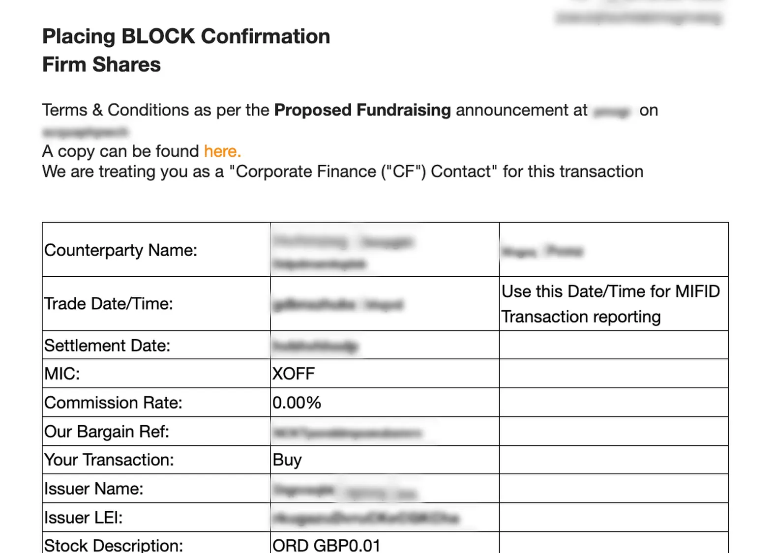 DealBridge placing block confirmation, showing the trade, settlement and MiFID fields; client details blurred